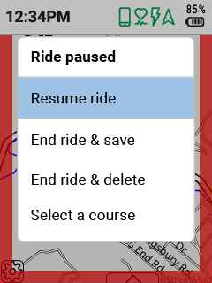 Ride paused menu with red border and resume ride highlighted