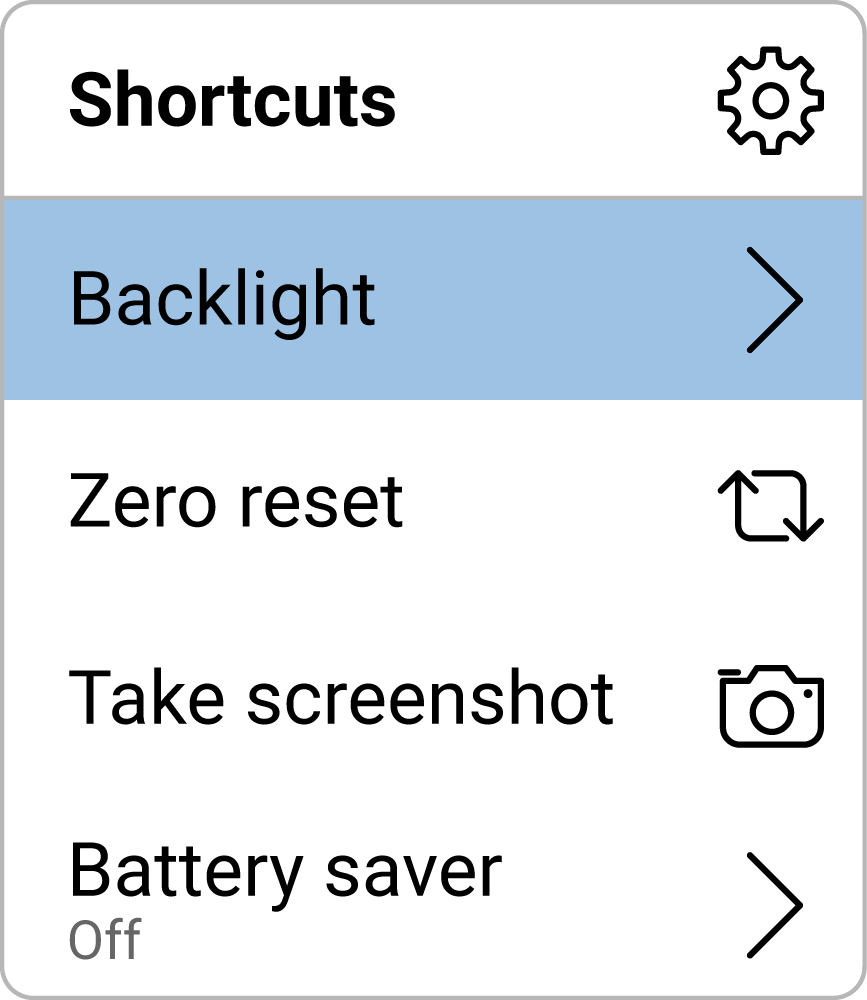 Shortcuts-Menü mit hervorgehobener Hintergrund-Beleuchtung wird angezeigt