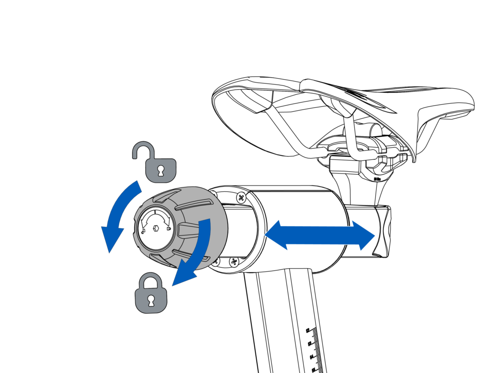 Saddle fore-aft adjustment knob located behind the saddle.