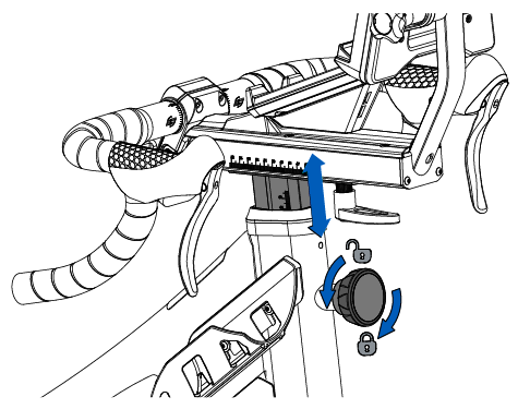 Conjunto de manillar con perilla de ajuste ubicada en la parte delantera del tubo de dirección.