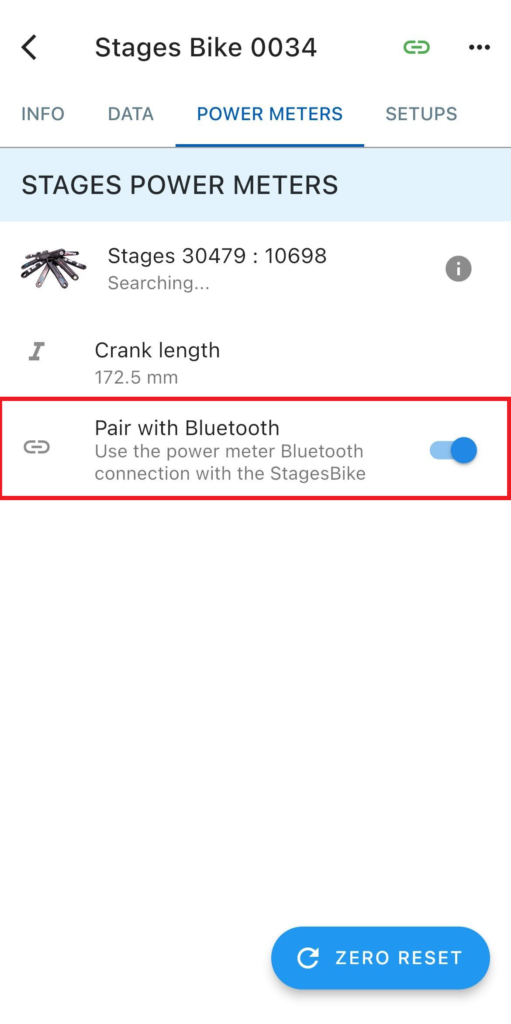 파워 미터의 StageBike 메뉴에서 강조 표시된 Bluetooth와 페어링 옵션