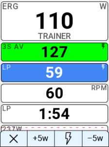 Stages Dash screen displays Erg target watts, 3-second average, and control settings.