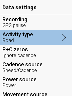 Activity type is selected as the second item on Data settings menu