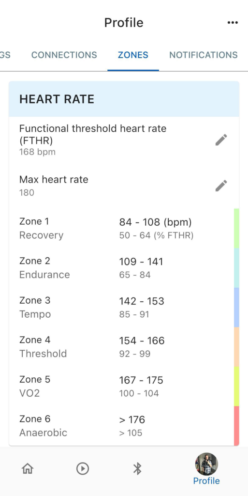 Stages Cycling應用中的心率區間選單