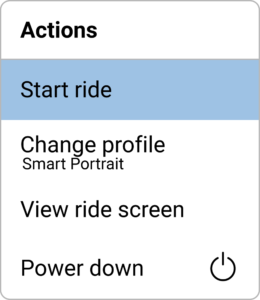 Actions menu displayed with Start Ride highlighted