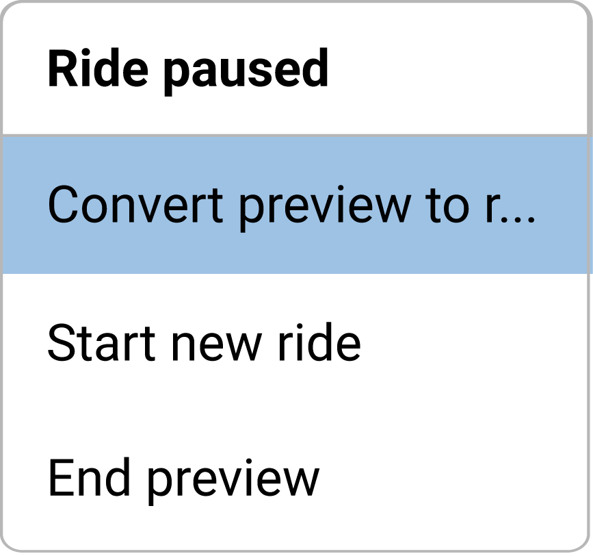 Ride paused menu with Convert preview to ride highlighted