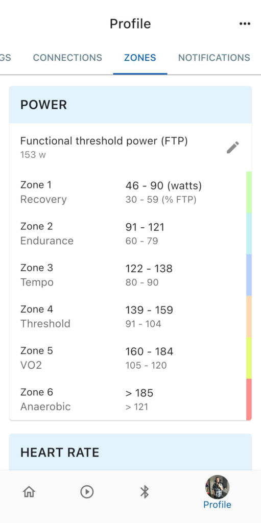 Power zones menu in the Stages Cycling app