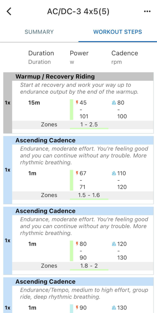 Workout steps in the Stages Cycling app